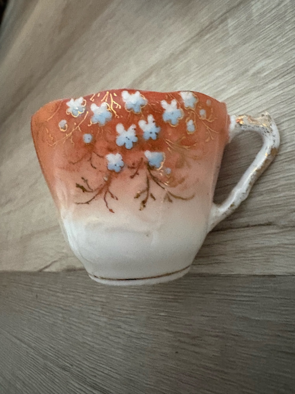 Vintage Hand-Painted Floral Porcelain Accent Teacup in Coral and White